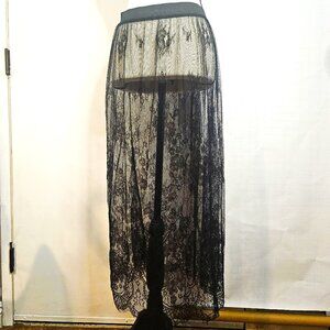 Black Sheer Mesh Medium Midi Skirt Of Delicate Floral Lace.